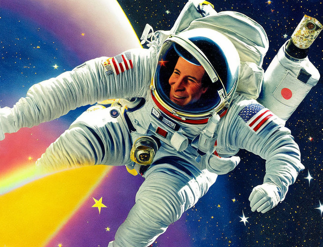 Astronaut in white space suit with American flags floating in space with stars and colorful nebulae