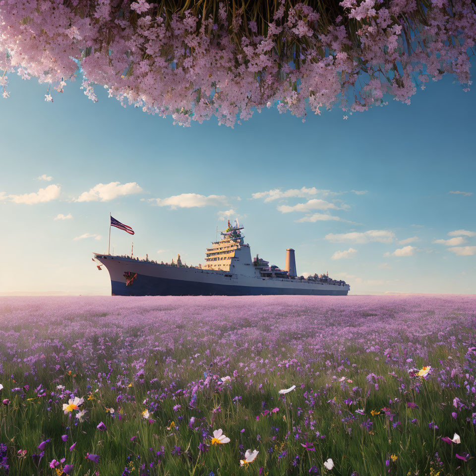 Navy ship surrounded by purple flowers and cherry blossoms