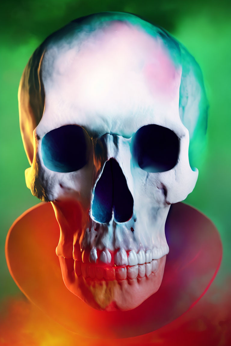 Vibrant Multicolored Lighting on Human Skull