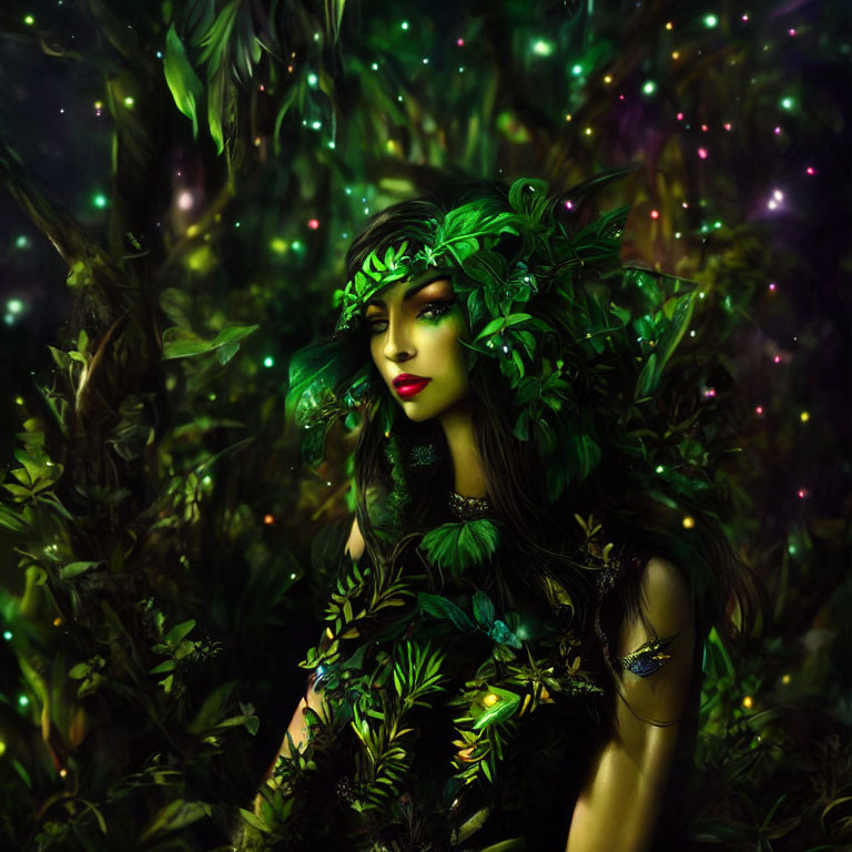 Mystical woman surrounded by foliage, greenery, and butterflies