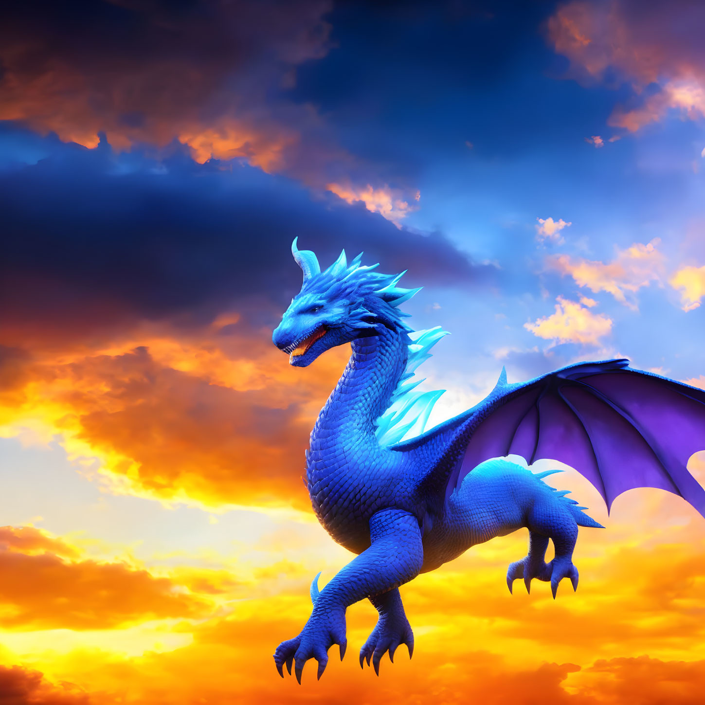 Blue Dragon with Purple Wings in Vibrant Sunset Sky