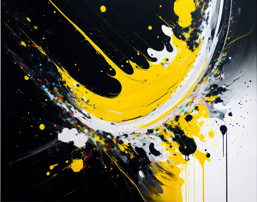 Vibrant abstract painting with yellow, white, and black splashes on dark background