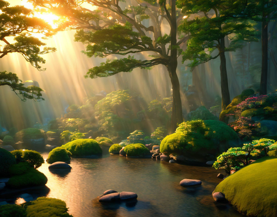 Tranquil forest scene with sunlight, moss-covered rocks, and stream