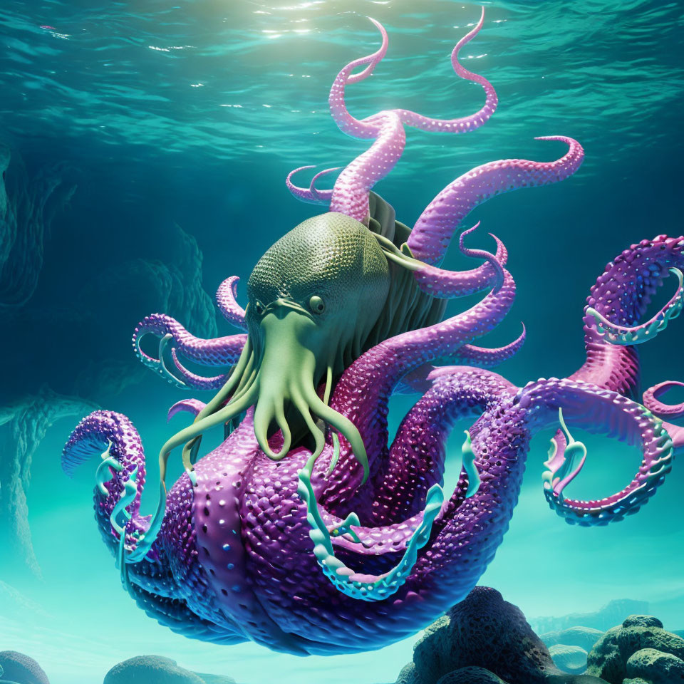 Detailed purple octopus illustration in serene underwater scene