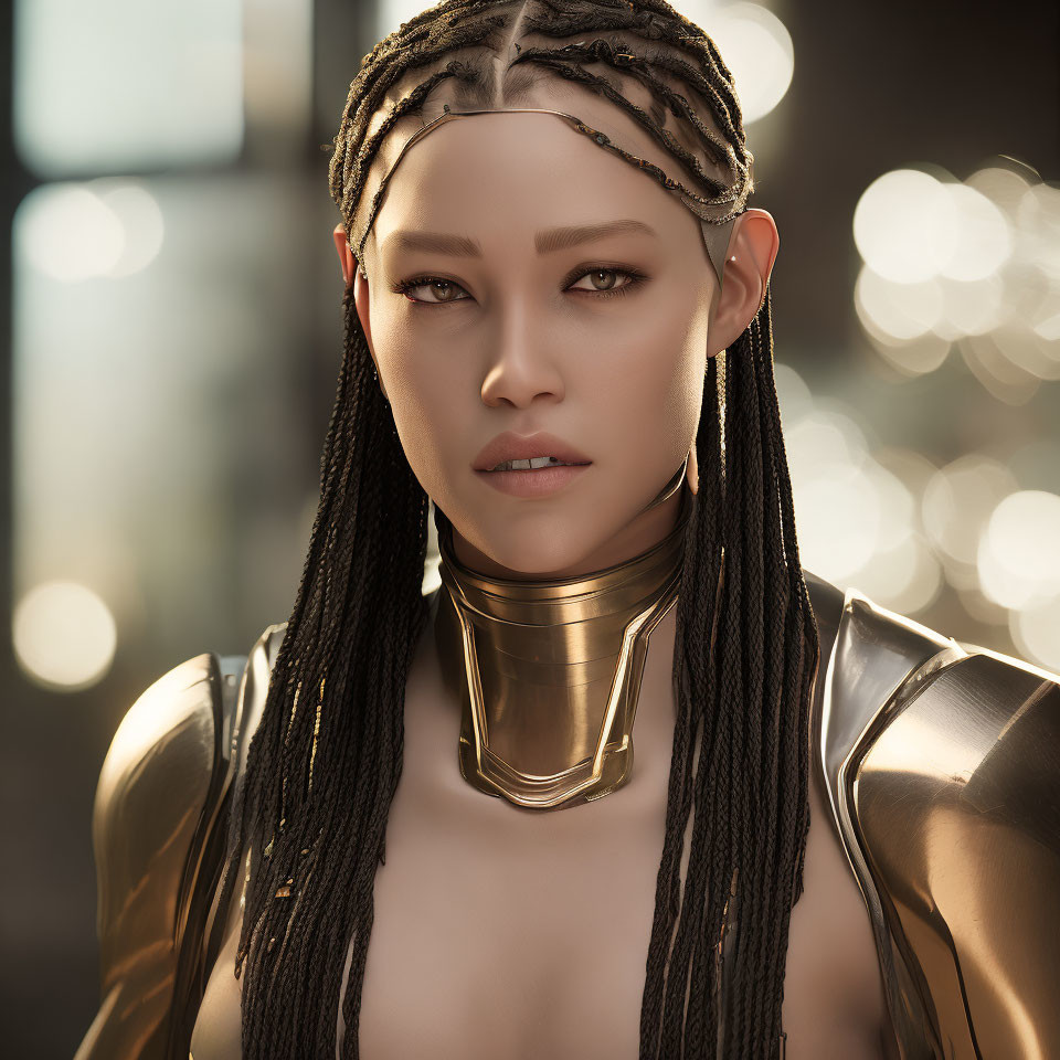 Braided hair person in golden futuristic armor with intense gaze