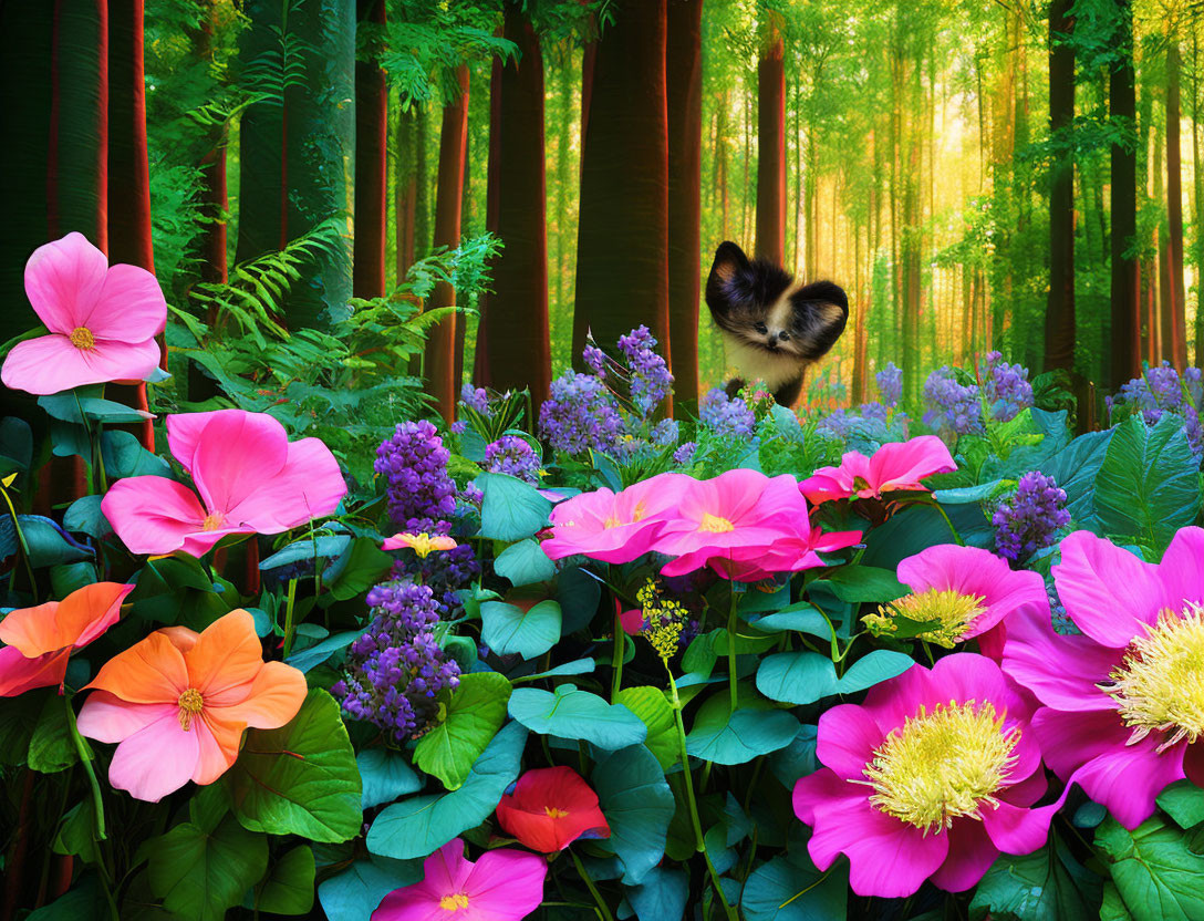 Colorful Forest Scene with Flowers, Leaping Animal, and Sunlit Trees