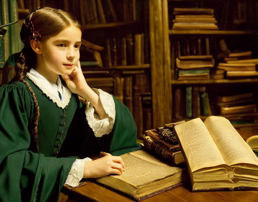 Young girl sitting at desk surrounded by books with open book in front