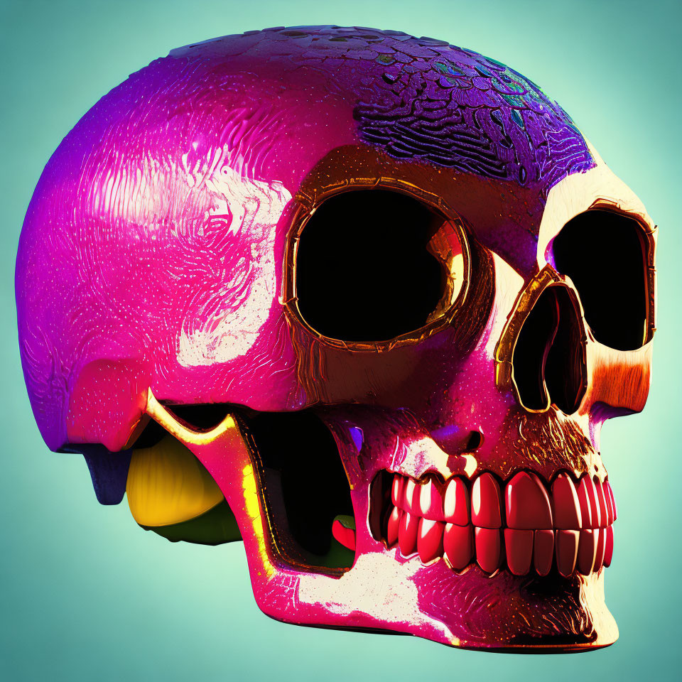 Colorful 3D-rendered skull with glossy finish on teal background