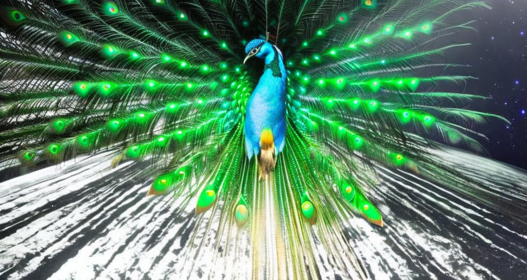 Colorful peacock with iridescent eyespots on striped backdrop