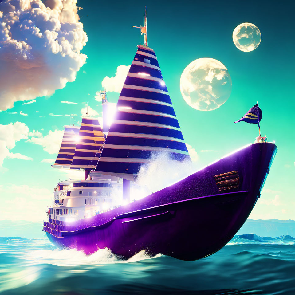 Stylized purple sailboat with striped sails on ocean under two moons