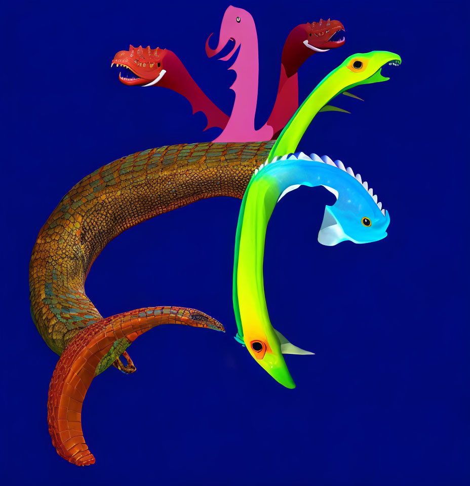 Six-Headed Serpent Creature with Vibrant Colors on Blue Background