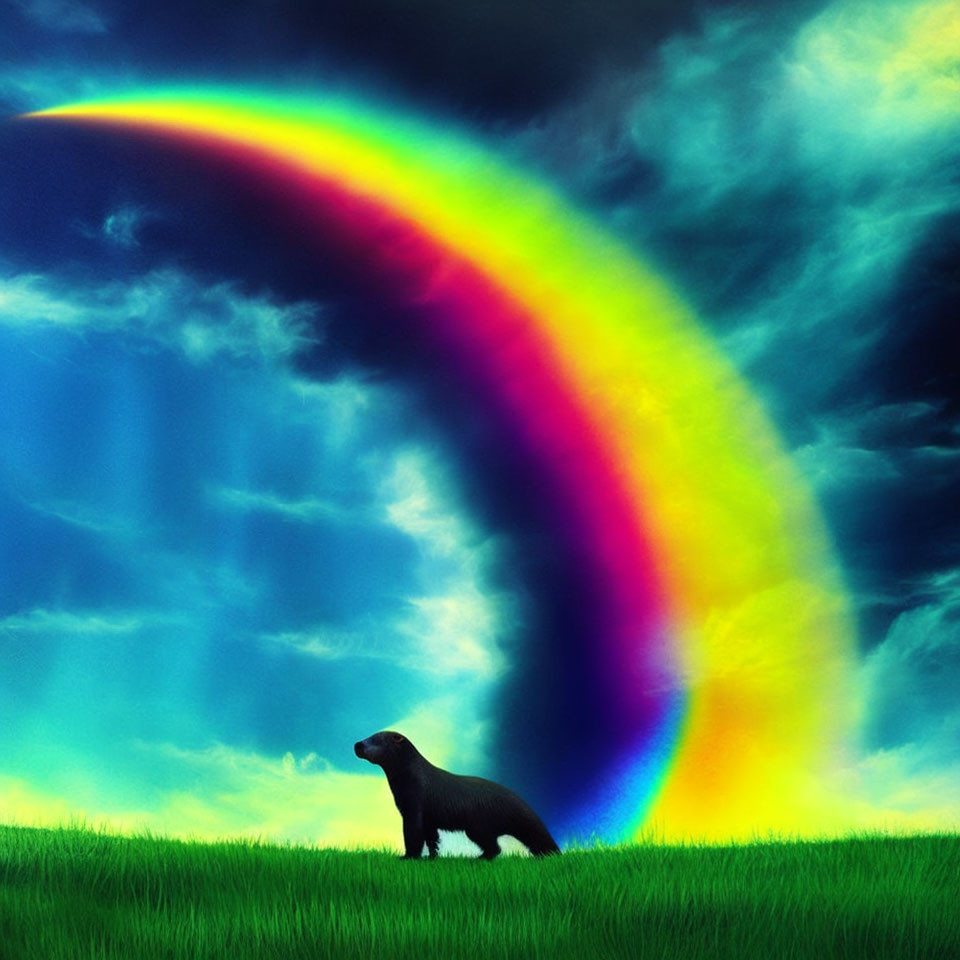 Solitary bear under vibrant oversized rainbow in dramatic sky