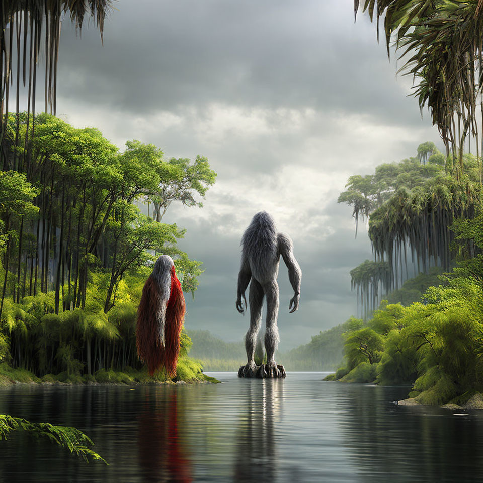 Mythical creatures with long hair in serene river landscape