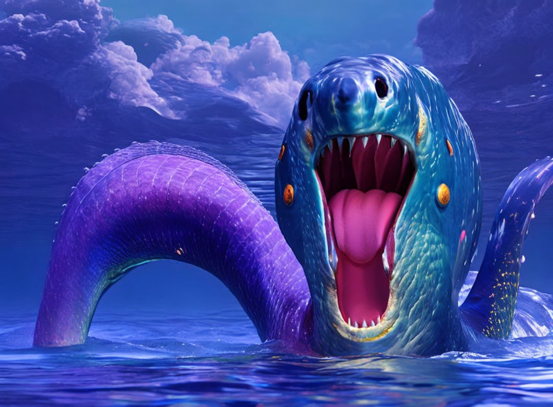 Colorful animated sea serpent emerging from ocean against backdrop of white clouds