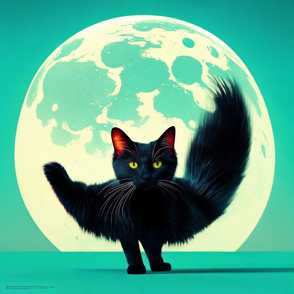 Black Cat with Yellow Eyes in Front of Stylized Full Moon on Teal Background