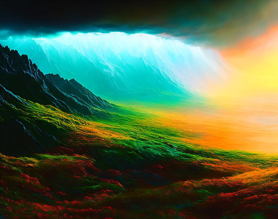 Surreal digital landscape with rolling green hills and dramatic sky