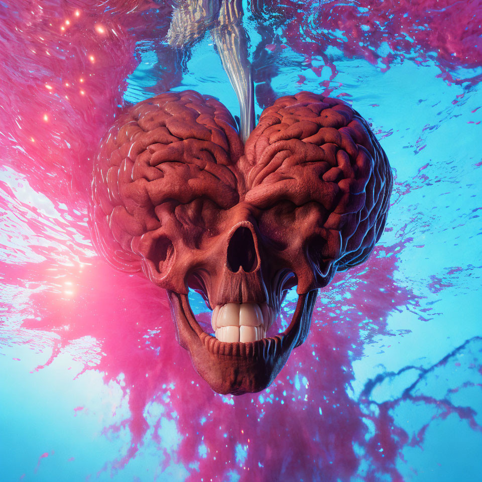 Symmetrical Brain Halves in Human Skull Submerged in Vibrant Pink and Blue Water