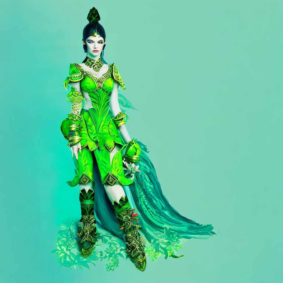 Elaborate Green Fantasy Costume Figure on Teal Background