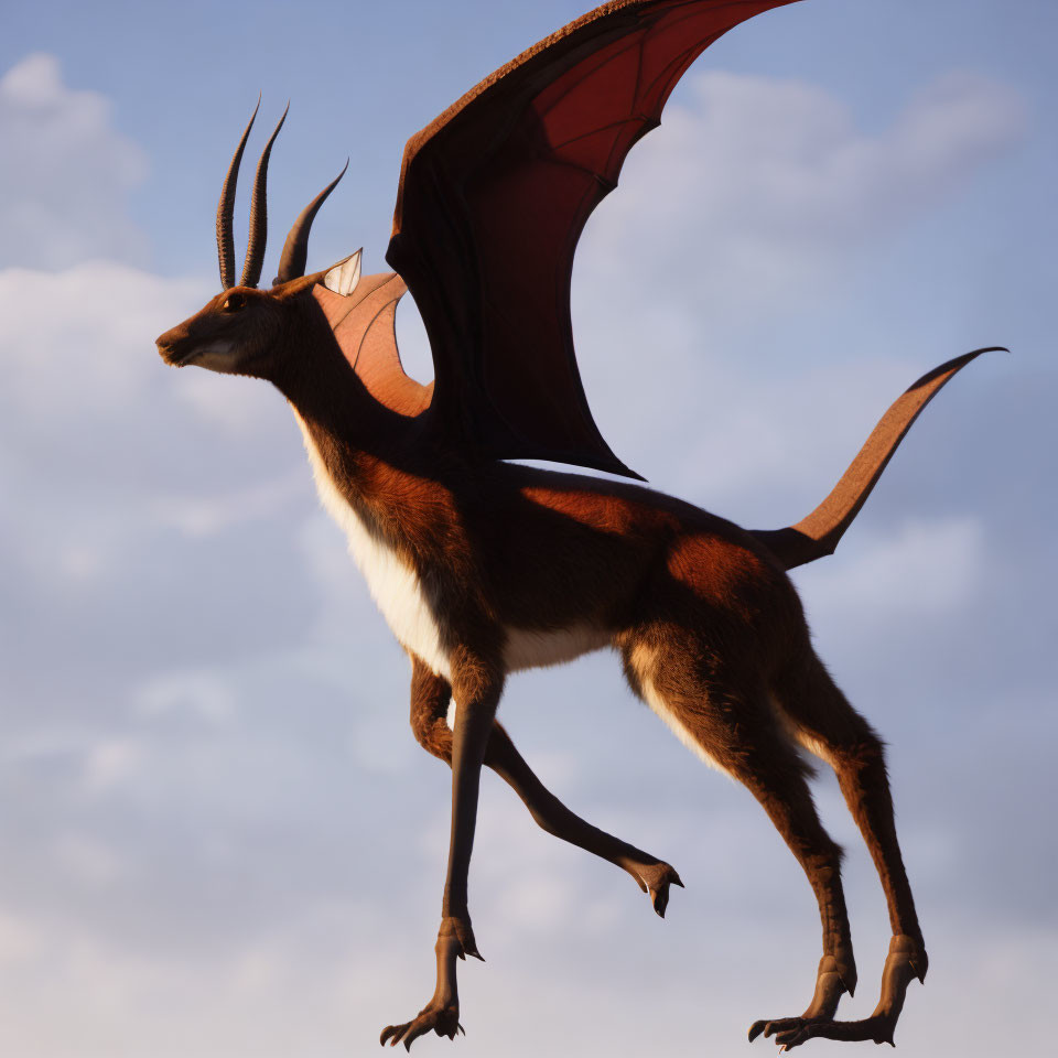 Brown antelope body with dragon wings in cloudy sky