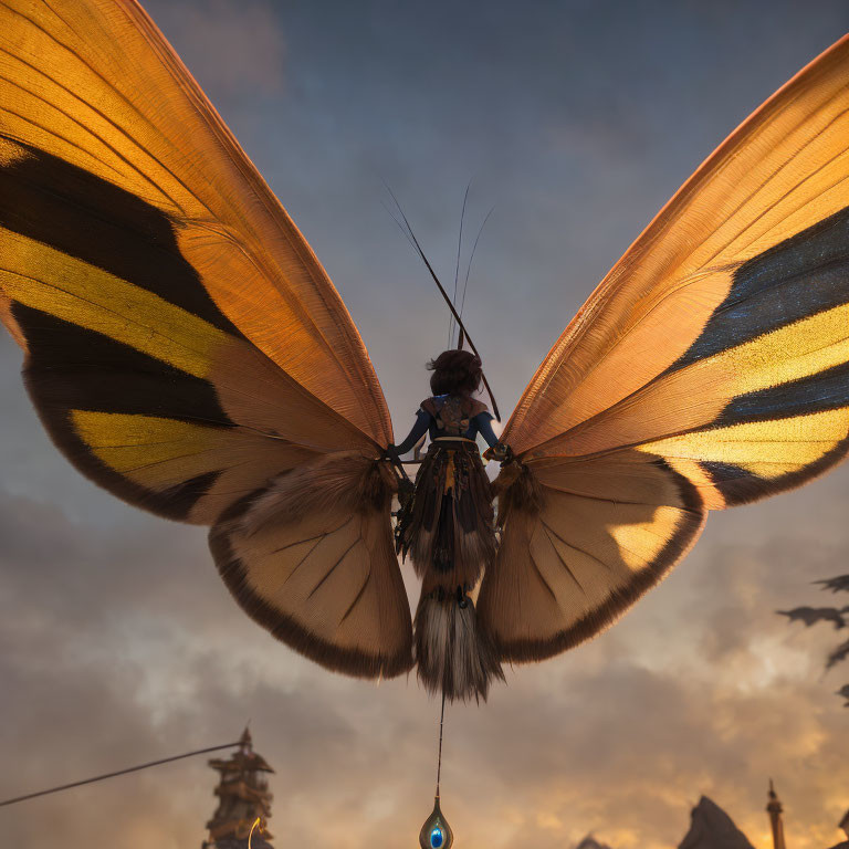 Giant butterfly-winged figure in twilight sky with ornate architecture.