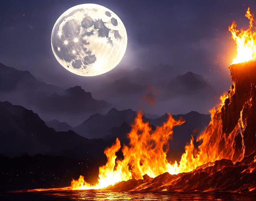 Vivid moon lighting dramatic landscape with burning mountain range