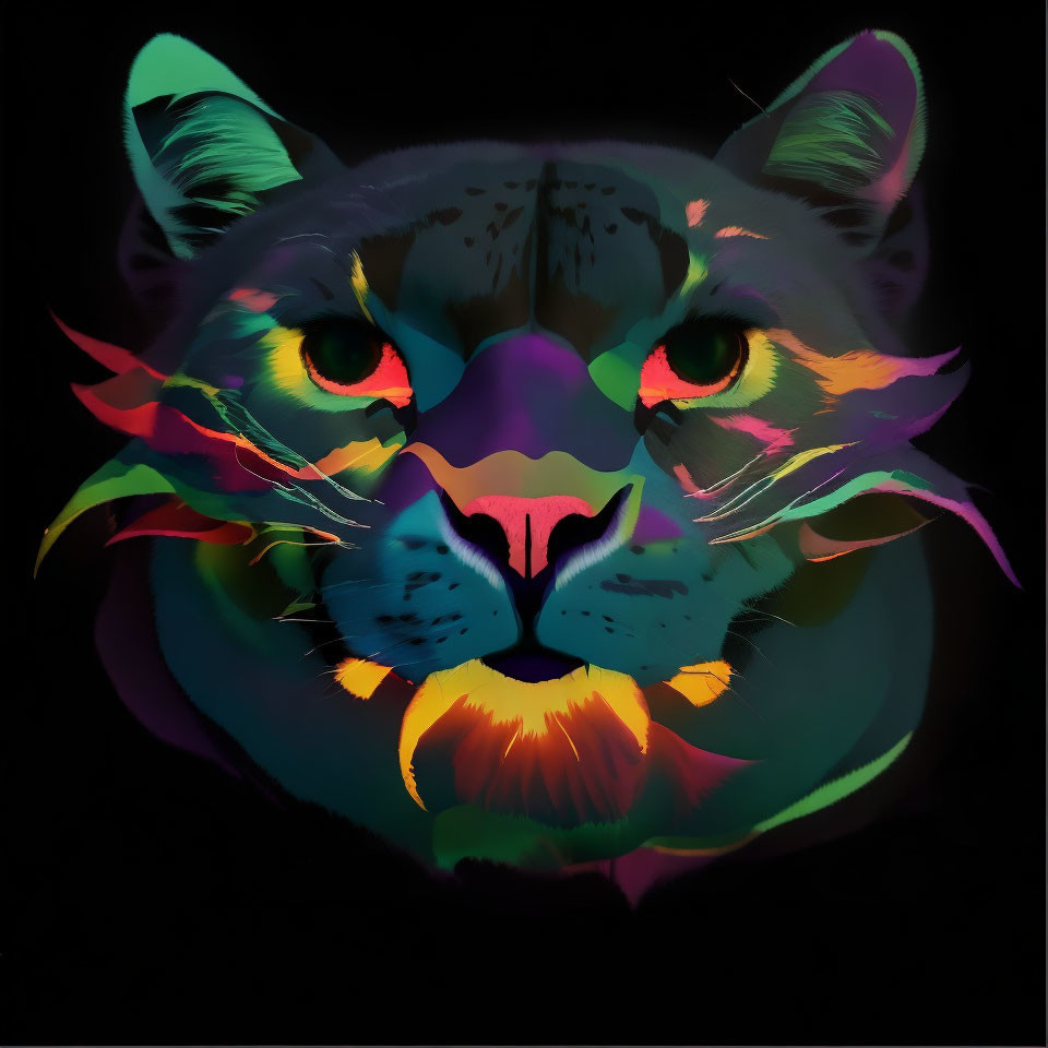 Colorful Tiger Face Artwork with Neon Patterns on Black Background