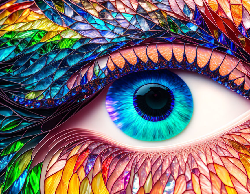 Close-up Image: Vibrant Human Eye with Blue Iris and Colorful Leaf-Like Patterns