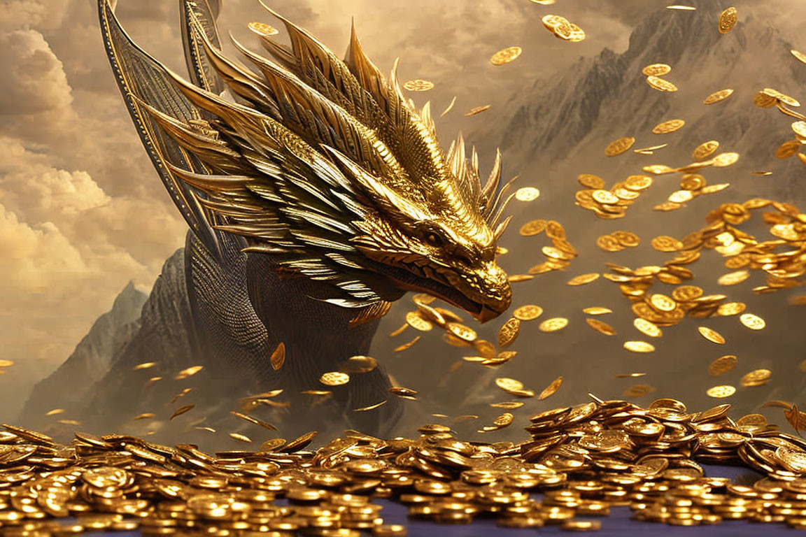 Golden dragon on coin hoard with mountains and dramatic sky