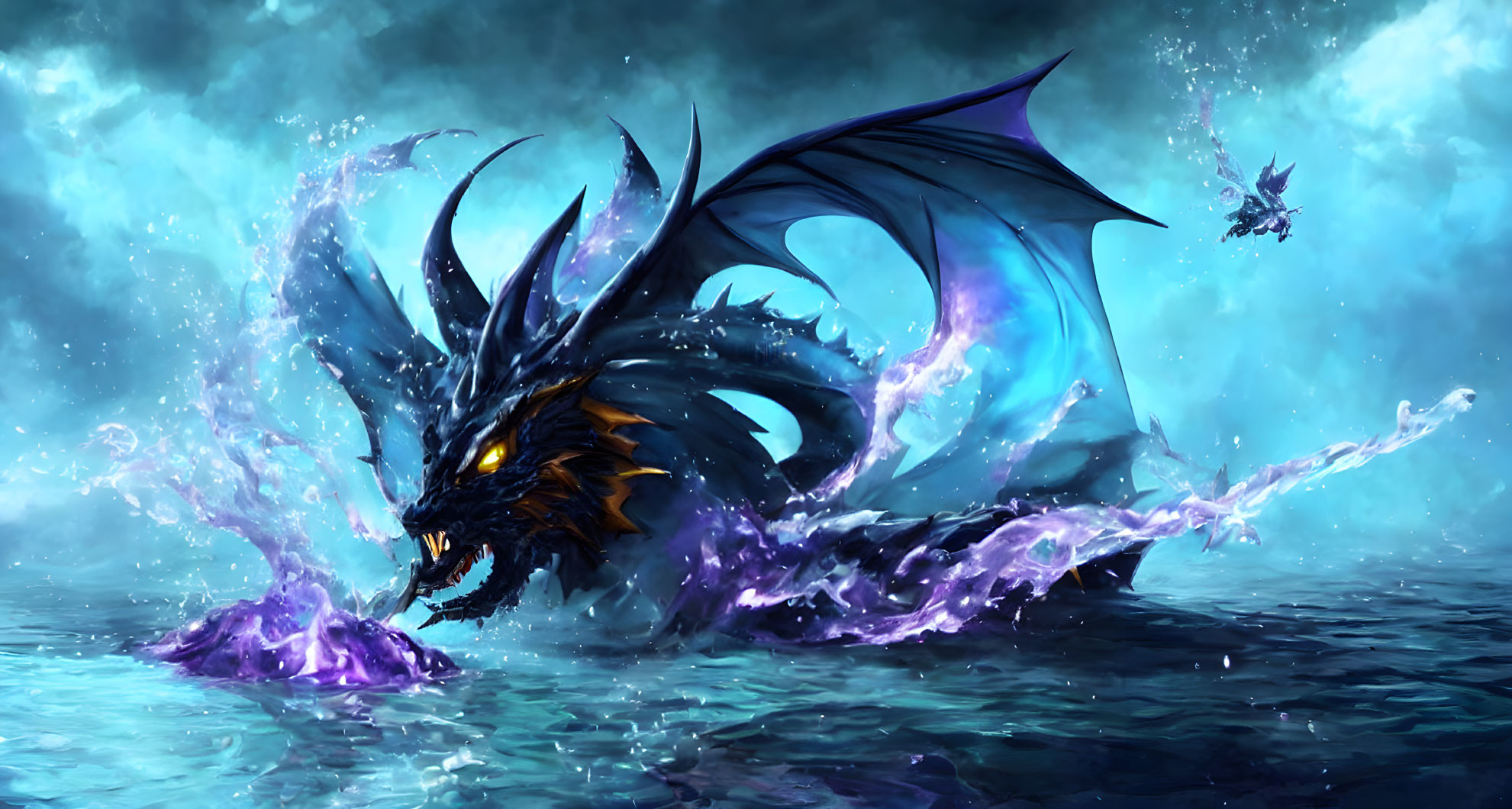 Black dragon emerging from ocean with wings unfurled and smaller creature flying.