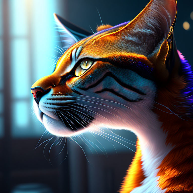 Vibrant orange cat with intricate facial markings under blueish light