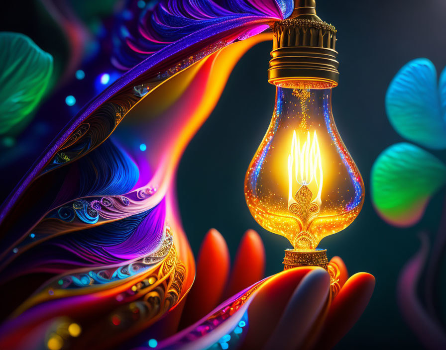 Vibrant image of hand holding ornate light bulb with flame-like filament