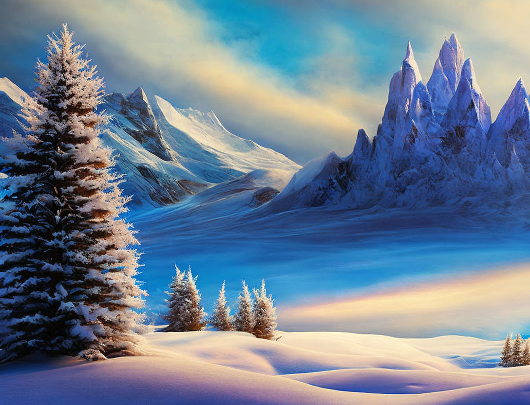 Winter landscape with evergreen tree, frosted trees, and mountain peaks at dusk