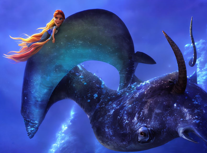 Young girl with orange hair riding cosmic whale in star-filled sky