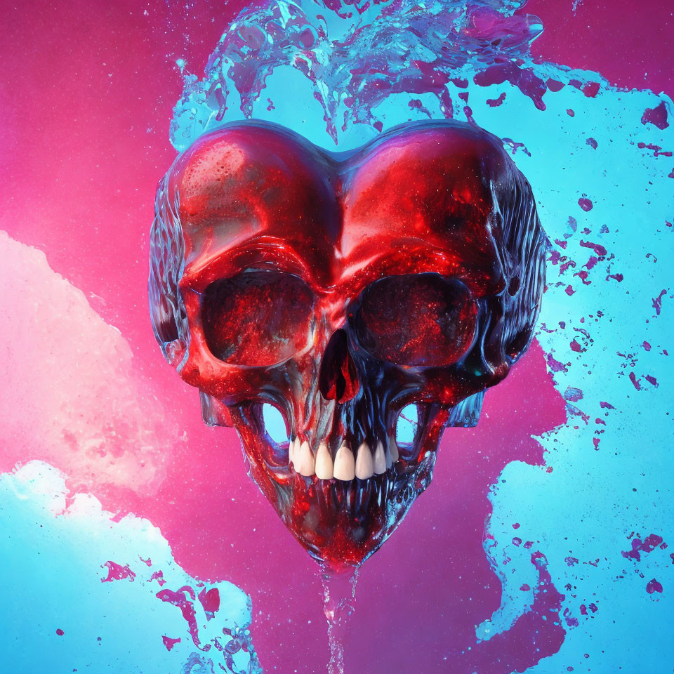 Vibrant red skull in clear liquid on pink and blue background with water splashes