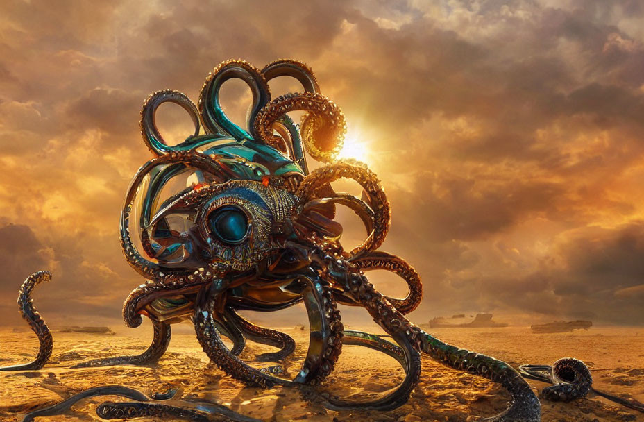 Mechanical octopus under golden sunset in desert landscape