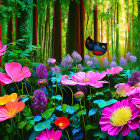 Colorful Forest Scene with Flowers, Leaping Animal, and Sunlit Trees