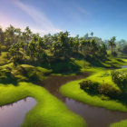 Green ferns under blue sky: Tropical forest ambiance with sunlight filtering through