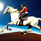 Person in red jacket riding white horse under bright full moon