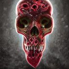 Glowing red skull with halo and dynamic light effects on dark background