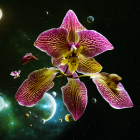 Colorful orchids in space with starburst and planets on dark cosmic backdrop