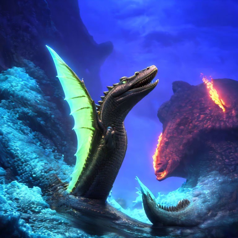 Digital Artwork: Two Dragons Breathing Fire in Underwater Scene