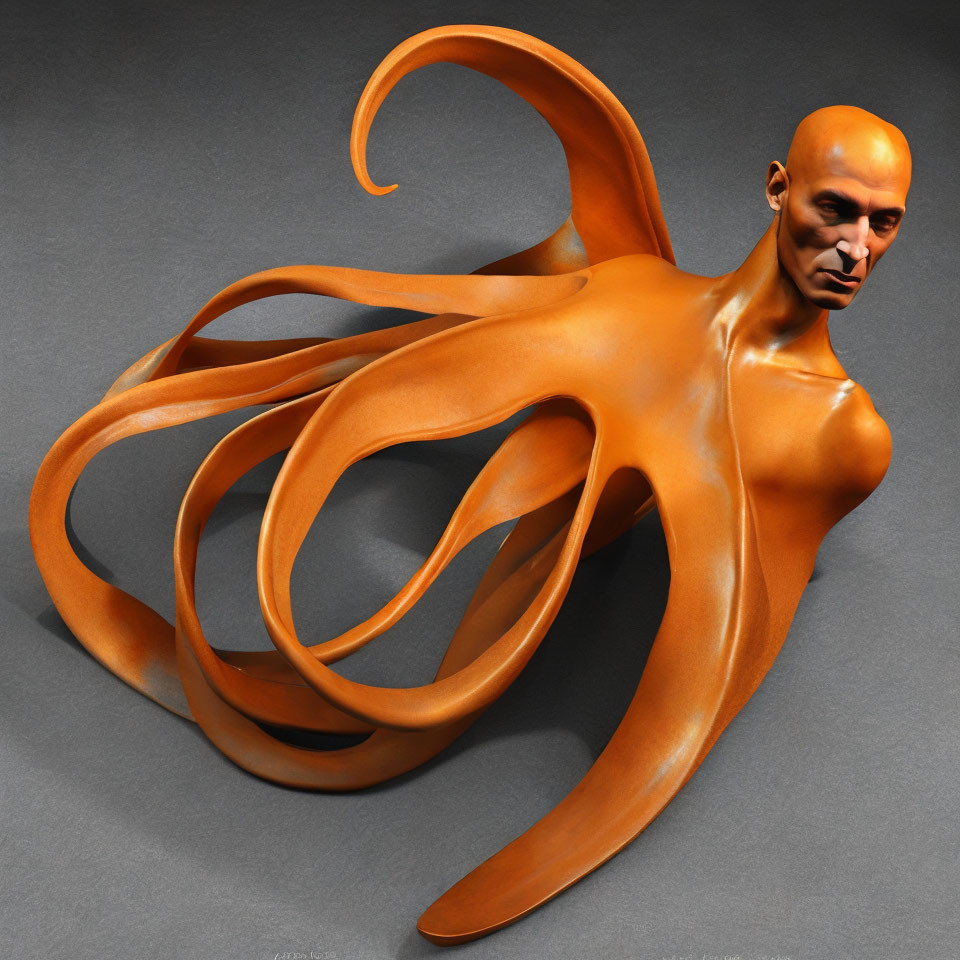 Sculpture of bald muscular torso with orange tentacles on grey backdrop