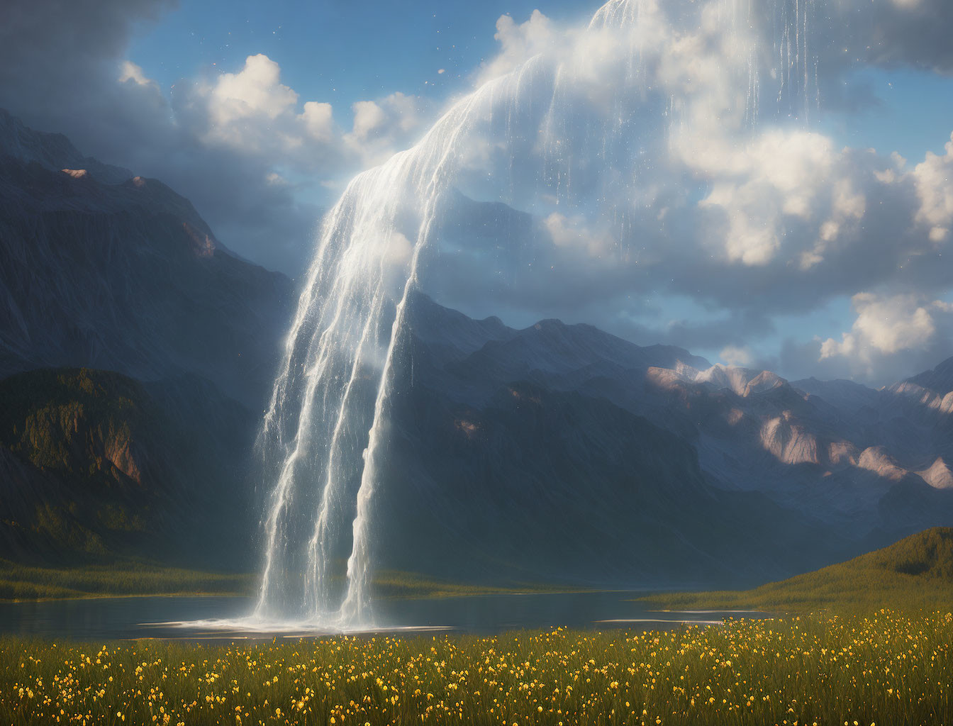 Tranquil lake with waterfall, mountains, and wildflowers