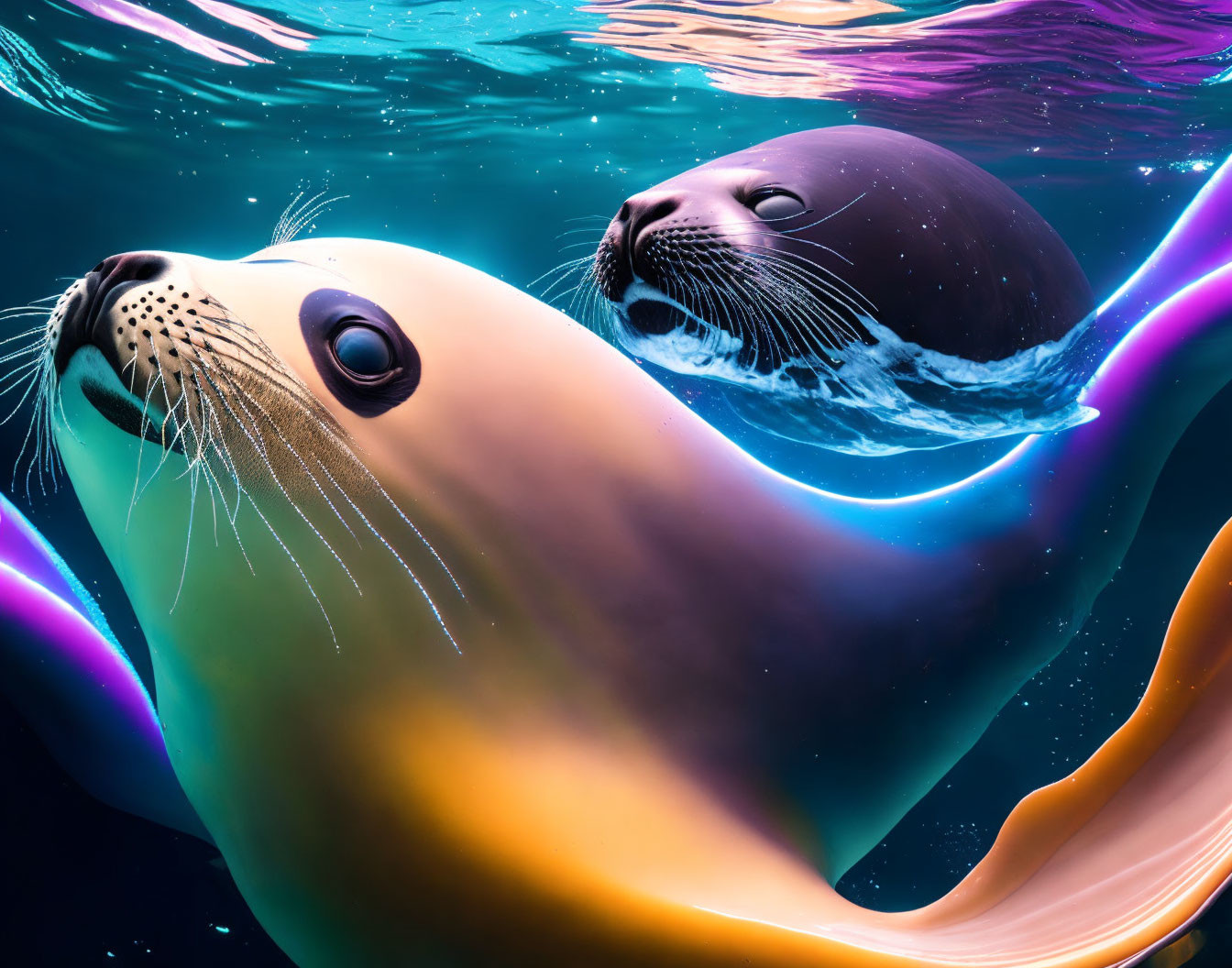 Graceful Sea Lions Swimming in Vibrant Underwater Colors