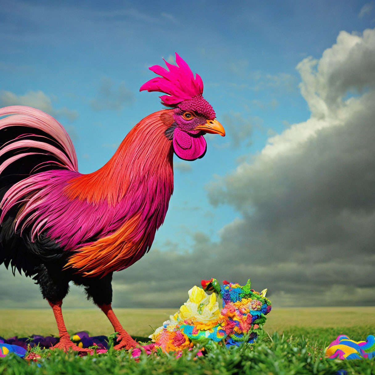 Colorful Rooster with Pink and Purple Feathers Beside Floral Arrangement