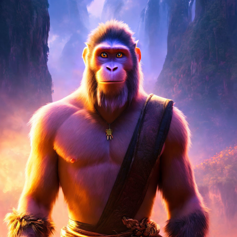 Stylized animated gorilla with strap and necklace in mystical mountain setting