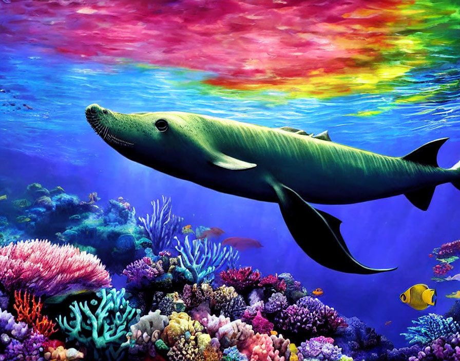 Colorful Coral Reef with Whale Shark in Vibrant Underwater Scene