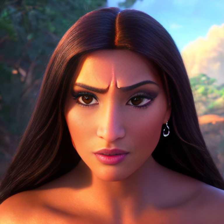 Detailed 3D animated female character with long brown hair and large brown eyes on blurry natural backdrop