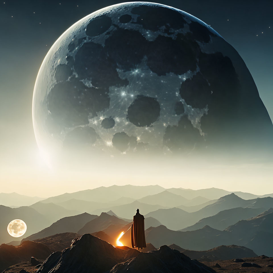 Cloaked Figure on Mountain Observing Moon and Sunrise