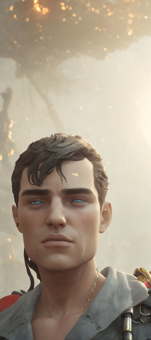 Young man digital portrait with blue eyes and dark hair in warm autumn setting